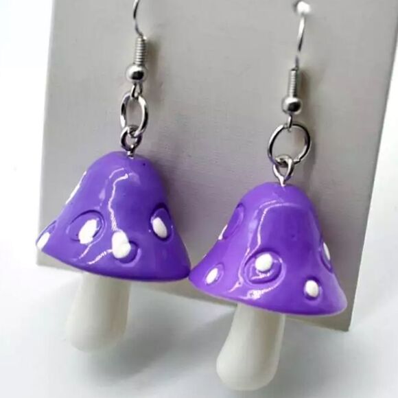 Purple Mushroom Drop Earrings Psychedelic Magic Fun Funky - Picture 1 of 4